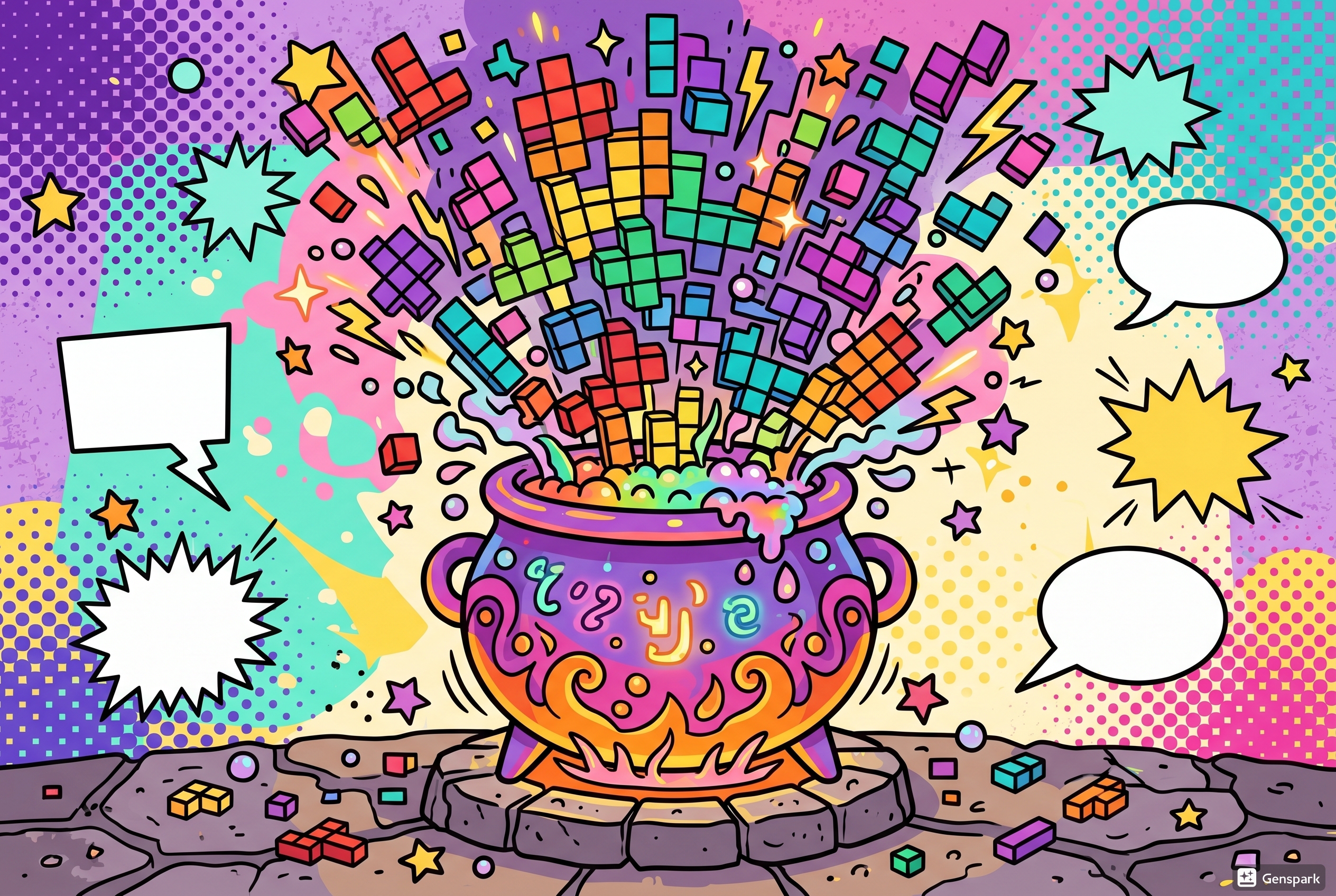Cartoon cauldron overflowing with rainbow pixel blocks and sparks