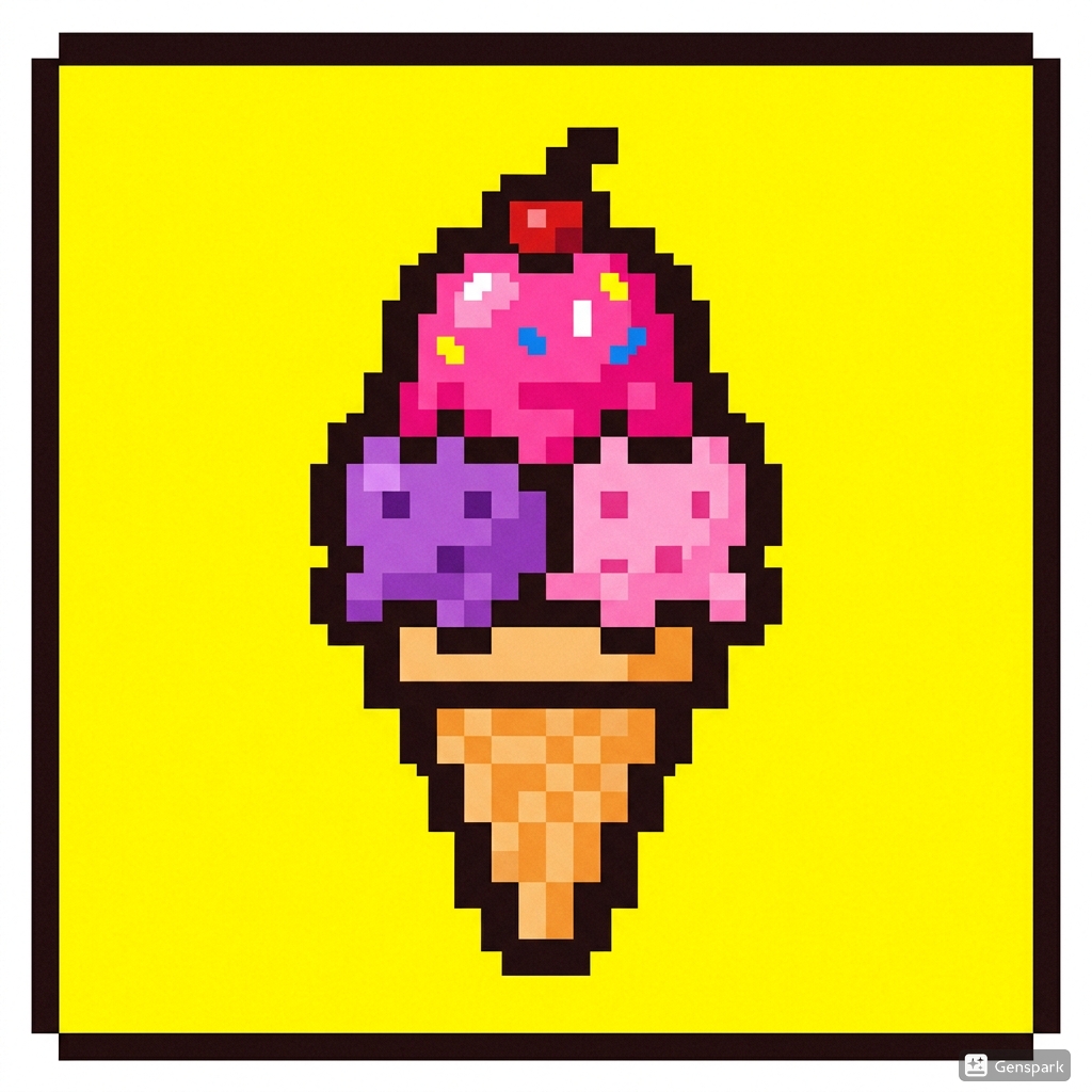 Pixel-art ice cream cone icon design example in pink and purple on yellow background